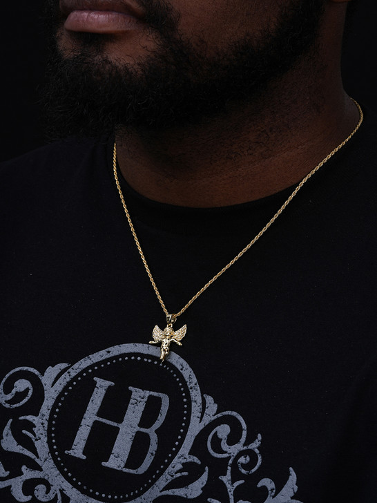 Guardian Micro Angel Hip Hop Pendant - 14k Gold Vermeil Or 925 Silver - CZ Stones - Small 1"