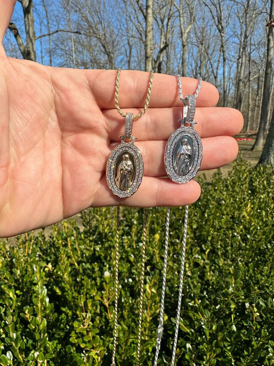 HarlemBling 1.55ct Real Diamond Virgin Mary Pendant 925 Silver Necklace Medallion Pendant