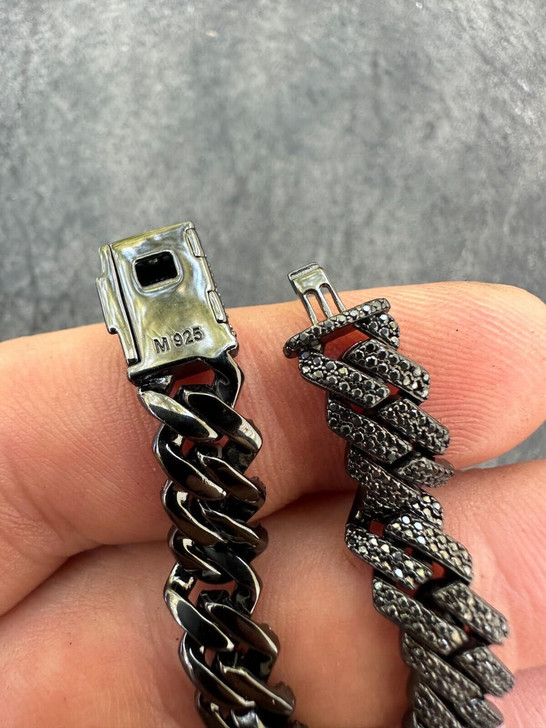 HarlemBling BLACK MOISSANITE 8mm Real Miami Cuban Link Prong Bracelet Iced Black Rhodium Over 925 Silver