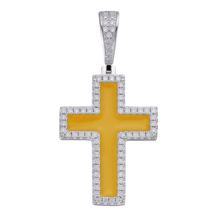 HarlemBling MOISSANITE Cross Yellow Enamel Pendant - 925 Silver - 3 Sizes - 1.25"-2.75"