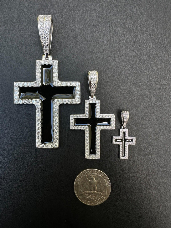 Hip Hop MOISSANITE Cross Pendant Iced Necklace Black Enamel Real 925 Silver 3 Sizes 