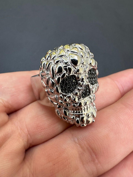Italiano Silver, Inc. HEAVY Nugget Death Skull Ring Mens Real Solid 925 Silver Real Black MOISSANITE 