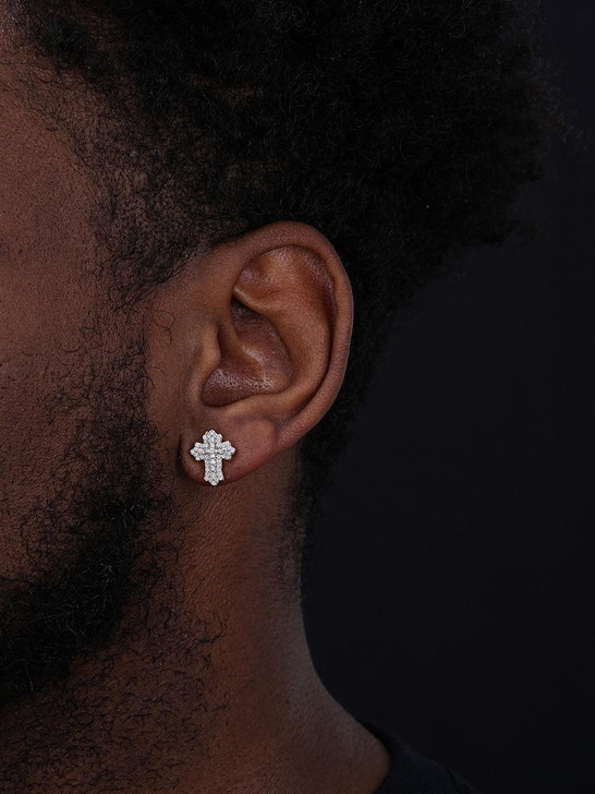 HarlemBling MOISSANITE Baguette Gothic Cross Iced Out Earrings - 14k Gold Vermeil 925 Silver - 11x15mm