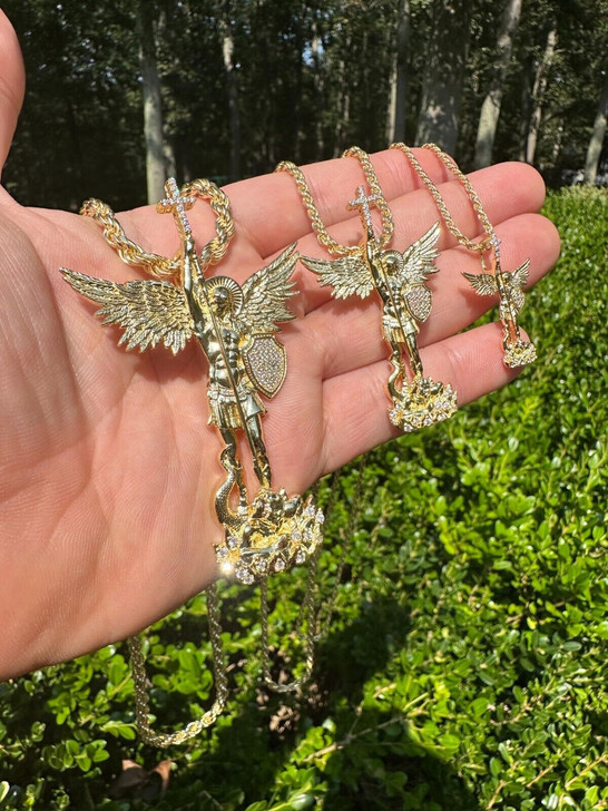 Hip Hop MOISSANITE Real Solid 10k Gold Saint Michael Slaying Dragon Pendant - 3 Sizes