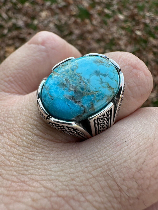 Men's Solid 925 Sterling Silver Blue Turquoise Ring - Natural Gemstone Hip Hop Style