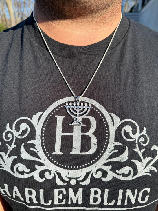 Hip Hop Real Moissanite Pendant Iced Jewish Menorah Hebrew Israelite Necklace 925 Silver 