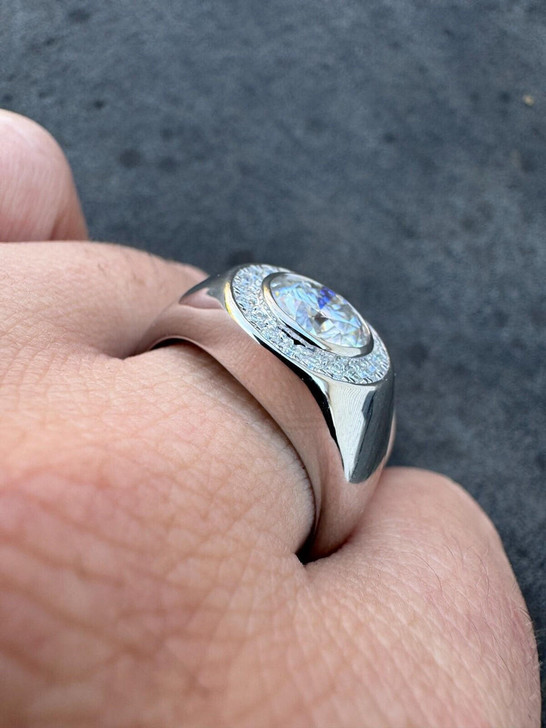 Men's Real Moissanite Pinky Ring, Round Cut 925 Sterling Silver Iced Out, GRA Certified