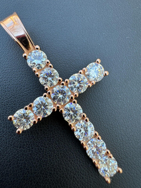 Hip Hop MOISSANITE 14k Rose Gold Cross & Real 925 Silver Iced Pendant Necklace Hip Hop