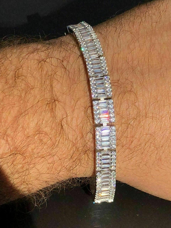 HarlemBling Men's CZ Baguette Tennis Bracelet Solid 925 Sterling Silver 8mm Hip Hop ICY
