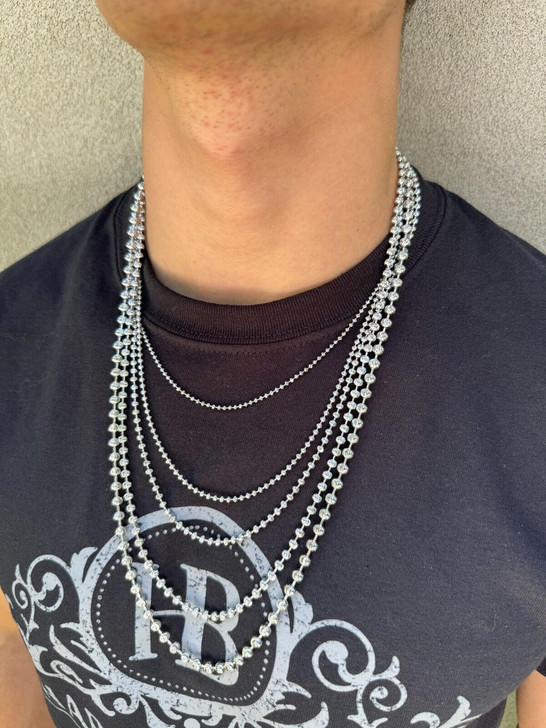 Ball Bead Moon Cut "Dog Tag" Chain Necklace Rhodium Finish 925