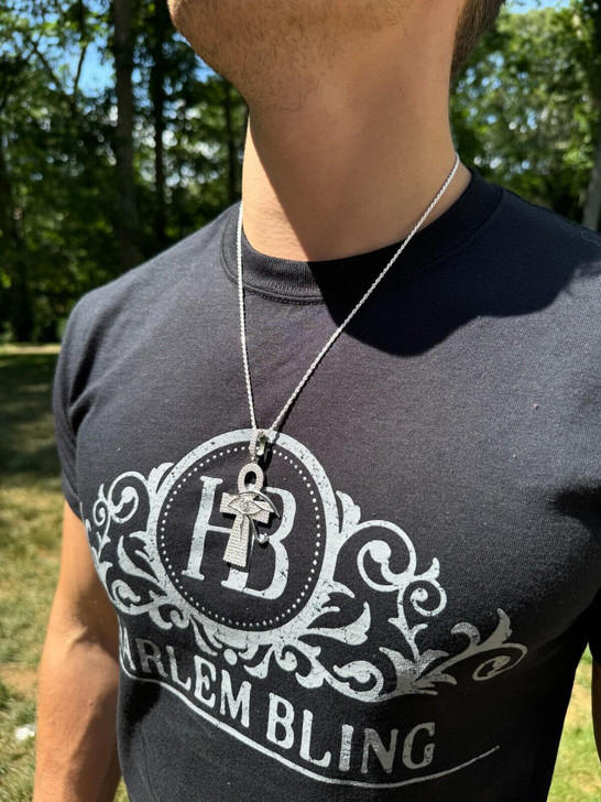 Hip Hop Moissanite Ankh Cross W. Eye Of Horus Pendant - Iced 925 Silver 2" Mens Necklace