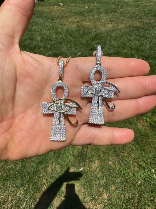 Hip Hop Moissanite Ankh Cross W. Eye Of Horus Pendant - Iced 925 Silver 2" Mens Necklace
