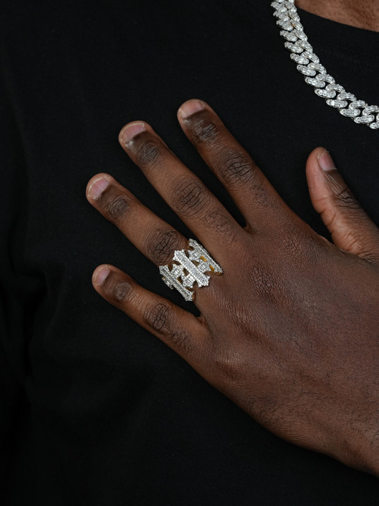 MOISSANITE Gothic Three Crosses Baguette Iced Out Ring - 14k Gold Vermeil 925 Silver