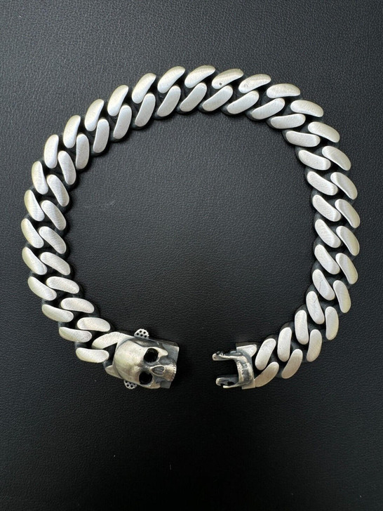 HarlemBling Custom Skull Lock Miami Cuban Link Bracelet 12mm Real 925 Silver Oxidized Finish