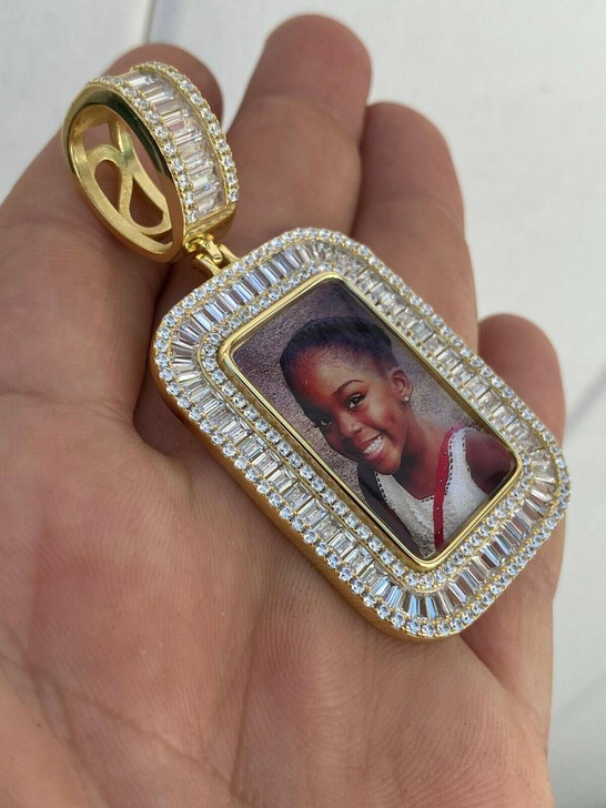 MOISSANITE Custom Photo Memory Pendant Baguette Dog Tag - 14k Yellow/Rose Gold Vermeil Or 925 Silver - Medium 2"