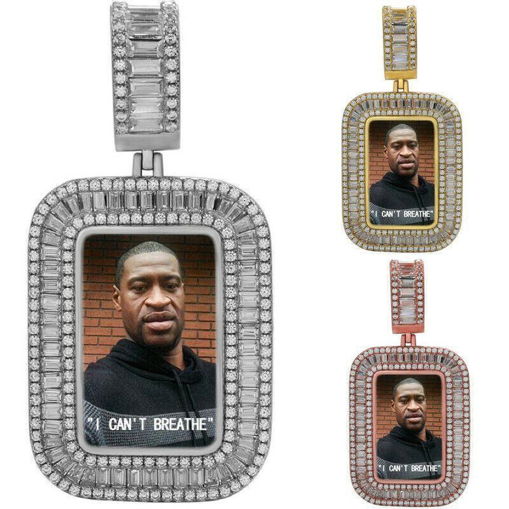 MOISSANITE Custom Photo Memory Pendant Baguette Dog Tag - 14k Yellow/Rose Gold Vermeil Or 925 Silver - Medium 2"