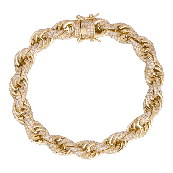 Italiano Silver, Inc. Rope Bracelet Iced Out CZ Stones - 14k Gold Vermeil 925 Silver - 9mm - 7.5"-8.5"