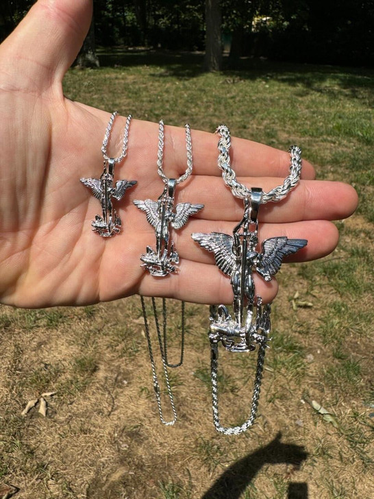 Hip Hop Artwork Saint St Michael Slaying Dragon Archangel Pendant - 925 Silver - 3 Sizes 1"-3"