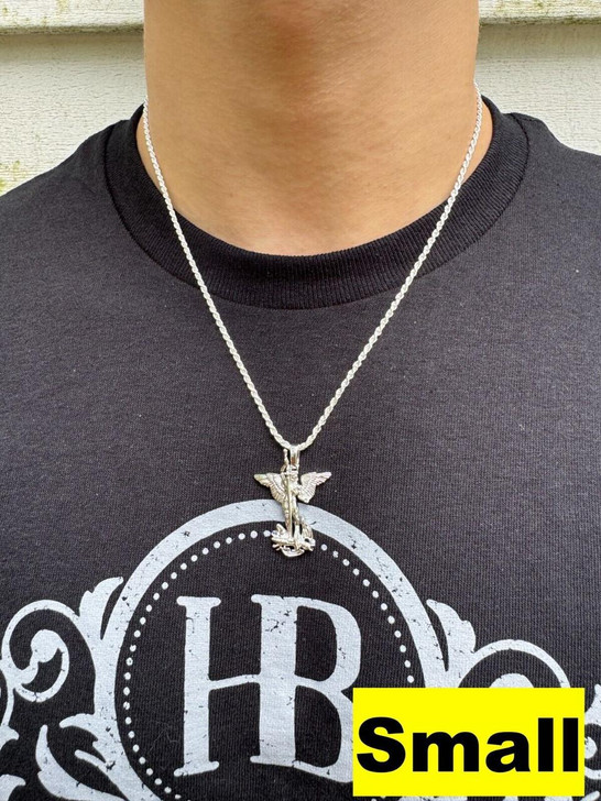 Hip Hop Artwork Saint St Michael Slaying Dragon Archangel Pendant - 925 Silver - 3 Sizes 1"-3" 