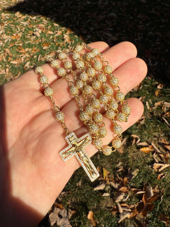 HarlemBling MOISSANITE Sinaloa Cartel Fully Iced Out Rosary Beads Necklace - 14k Gold Vermeil 925 Silver - 6mm - 30"