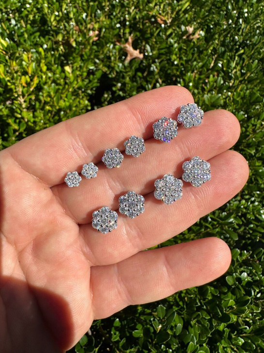 Cluster Flower Set Earrings Real 925 Silver 6-12mm Iced Hip Hop Studs CZ Stones Imported from eBay HarlemBling