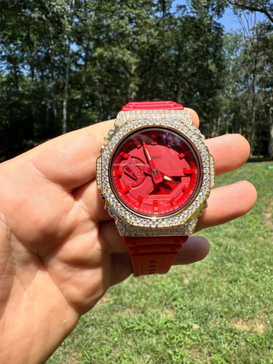 MOISSANITE Real 14k Gold Over 925 Silver Iced Red Casio G Shock GA2100 Watch ICED OUT WATCHES HarlemBling