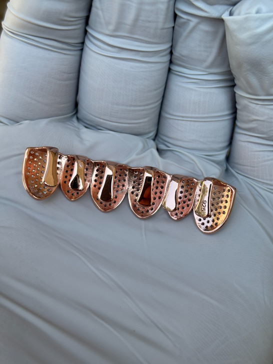 14k Rose Gold Plated Real 925 Sterling Silver CZ GRILLZ Teeth Top Bottom HipHop