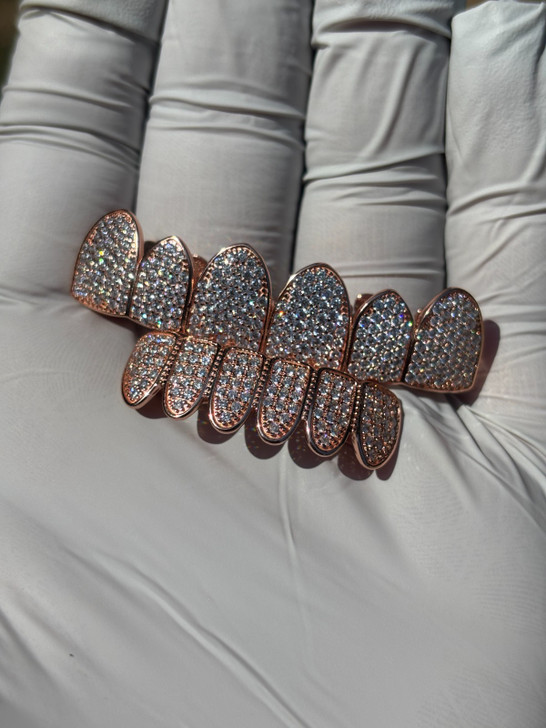 14k Rose Gold Plated Real 925 Sterling Silver CZ GRILLZ Teeth Top Bottom HipHop Imported from eBay HarlemBling