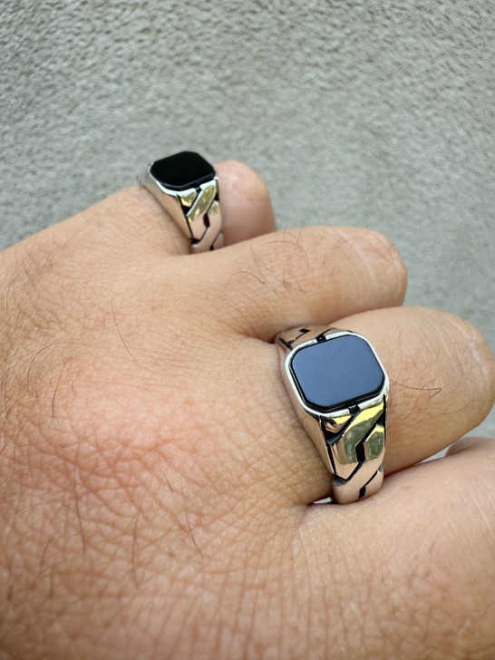 Miami Cuban Ring - 925 Silver Oxidized - Black Onyx Stone