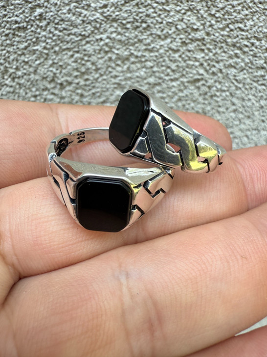 Miami Cuban Ring - 925 Silver Oxidized - Black Onyx Stone