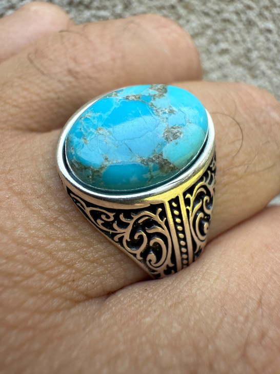 Real Blue Turquoise Stone Mens Solid 925 Sterling Silver Ring - Oxidized Vintage Imported from eBay HarlemBling