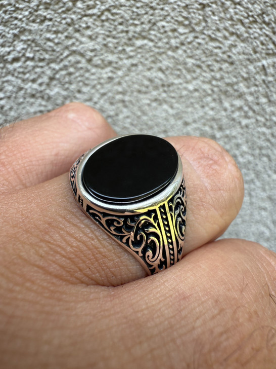 Real Black Onyx Stone Mens Solid 925 Sterling Silver Ring - Oxidized Vintage Imported from eBay HarlemBling