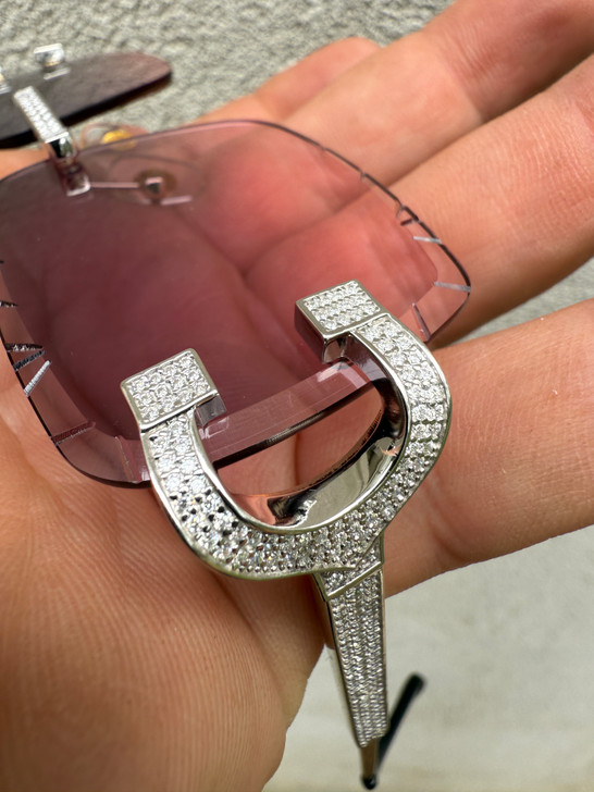 Real 925 Silver Big C VVS MOISSANITE Pink Purple Sunglasses - Iced Buffs Glasses EVERYDAY ESSENTIALS HarlemBling