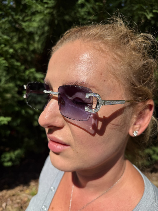 Real 925 Silver Big C VVS MOISSANITE Gray Purple Sunglasses - Iced Buffs Glasses EVERYDAY ESSENTIALS HarlemBling