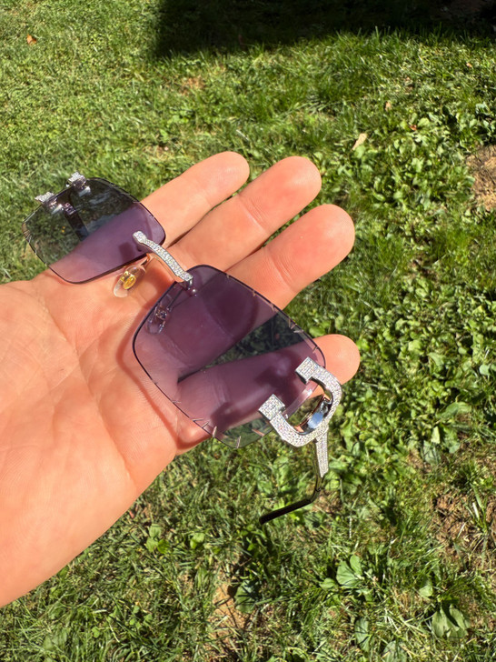 Real 925 Silver Big C VVS MOISSANITE Gray Purple Sunglasses - Iced Buffs Glasses EVERYDAY ESSENTIALS HarlemBling