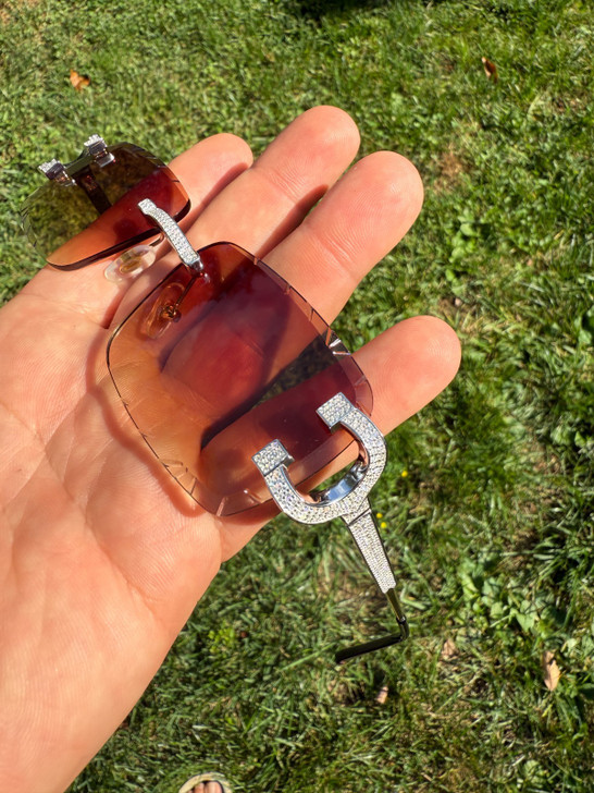 Real 925 Silver Big C VVS MOISSANITE Light Brown Sunglasses - Iced Buffs Glasses EVERYDAY ESSENTIALS HarlemBling