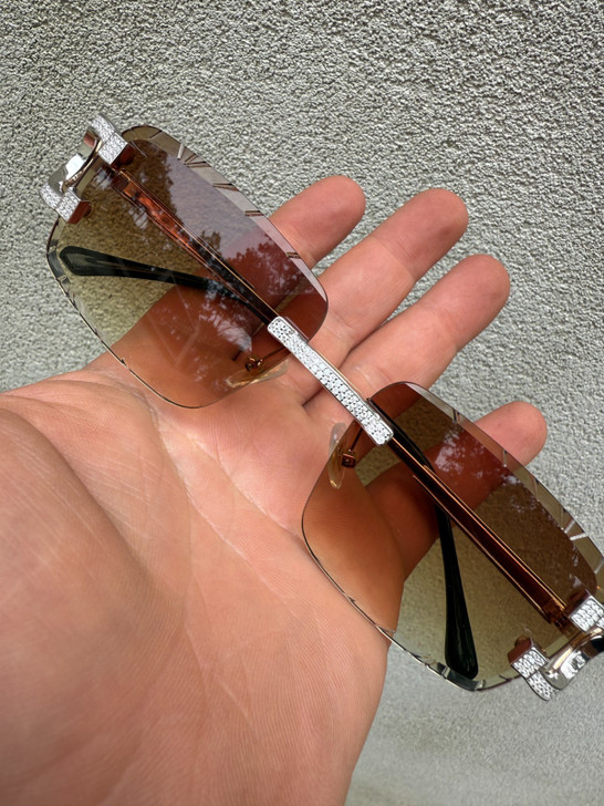 Real 925 Silver Big C VVS MOISSANITE Light Brown Sunglasses - Iced Buffs Glasses EVERYDAY ESSENTIALS HarlemBling