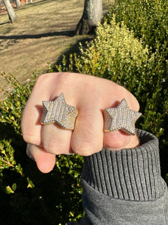 Real Iced Baguette 3D Star Ring Hip Hop Ice Out 14k Gold Plated 925 Silver 6-13 Imported from eBay HarlemBling