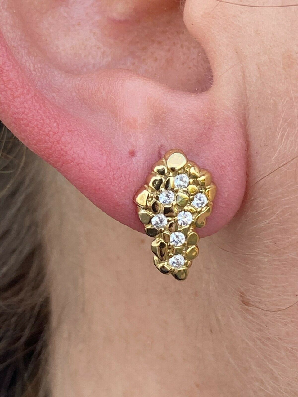 Mens Real Solid 925 Sterling Silver & 14k Gold Nugget Earrings Large