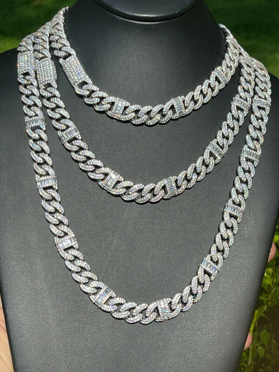 Solid 925 Silver Mens Figarucci Gucci Link Cuban Chain Iced Baguette ...