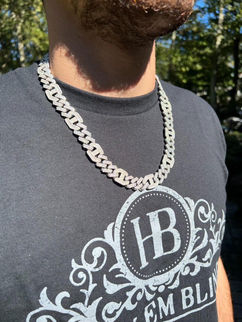 VVS MOISSANITE Solid 925 Silver Mens 15mm Figarucci Gucci Link Prong