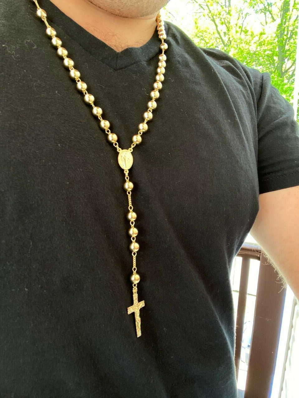 14k Gold Over Solid 925 Silver Men's Rosary Beads Necklace Rosario Large  Hip Hop