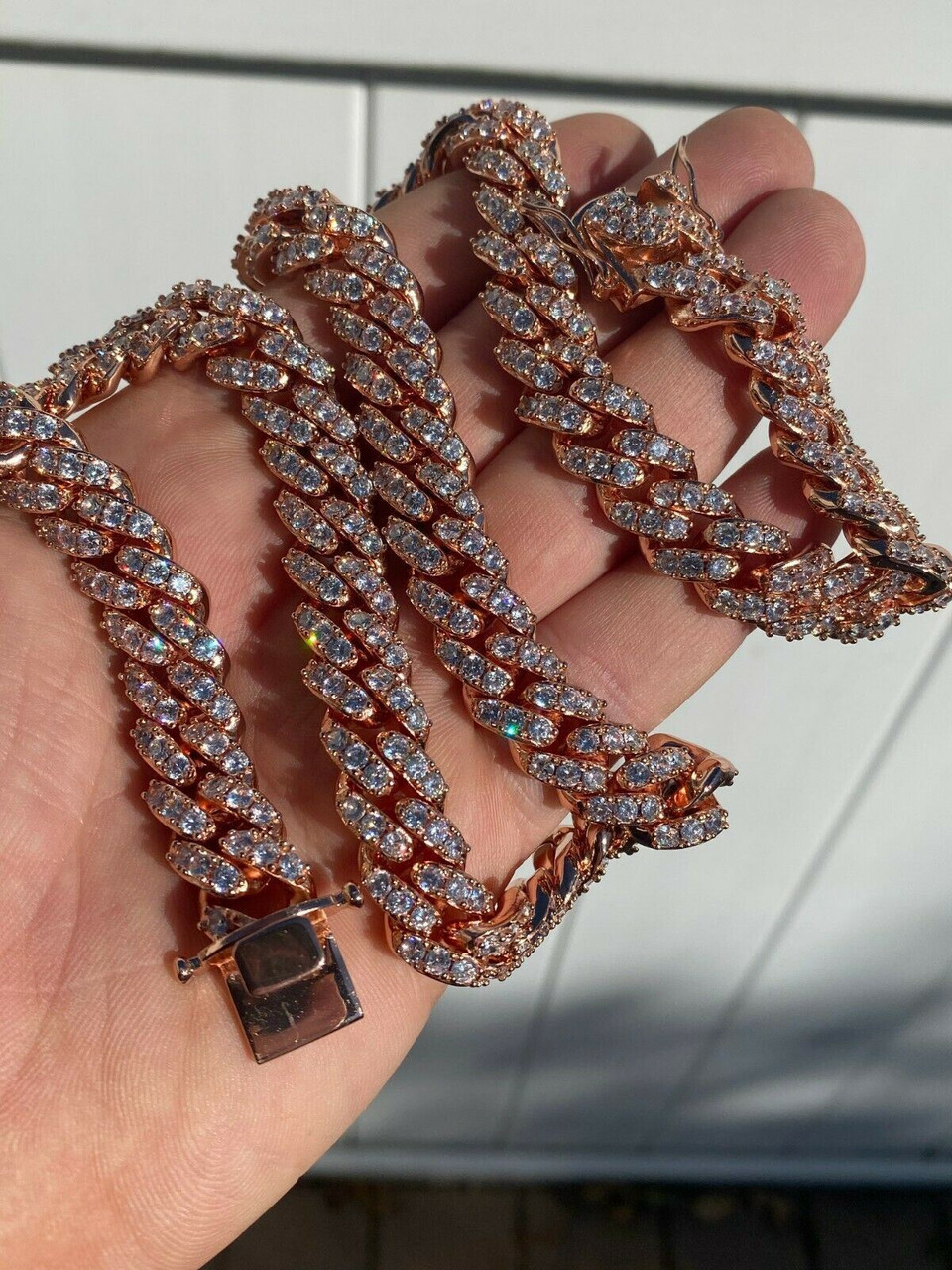 Men's Miami Cuban Link Chain 14k Rose Gold Solid 925 Silver Iced Necklace HEAVY