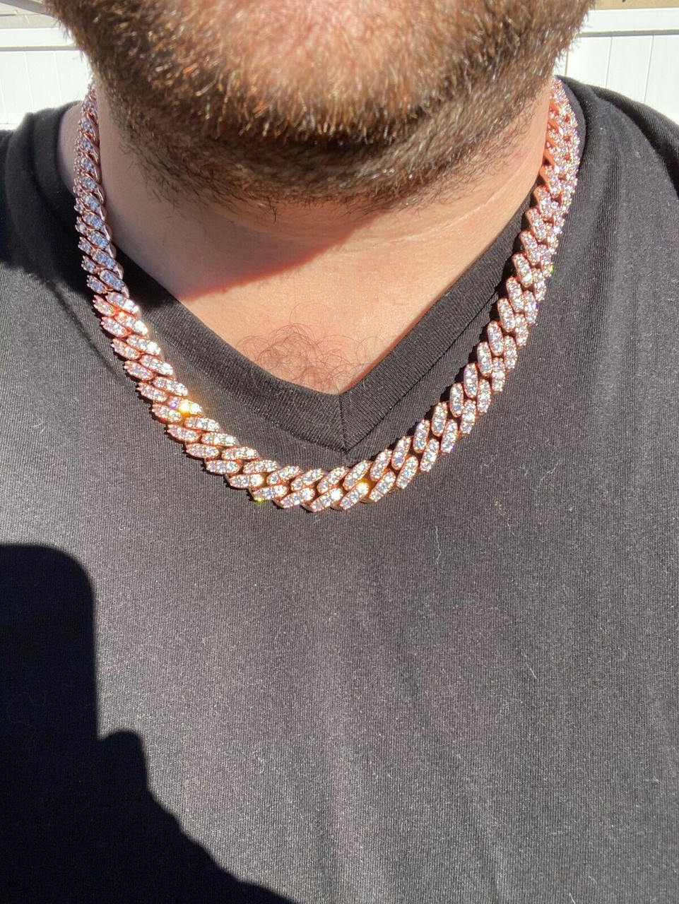 Men's Miami Cuban Link Chain 14k Rose Gold Solid 925 Silver Iced Necklace HEAVY