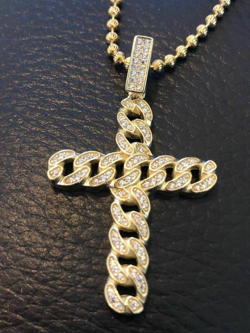 Cuban Link Cross Pendant W. Chain Sterling Silver 925 *14k Gold