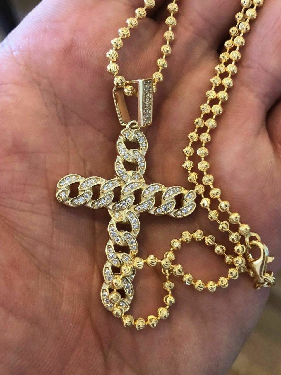 Cuban Link Cross Pendant W. Chain Sterling Silver 925 *14k Gold