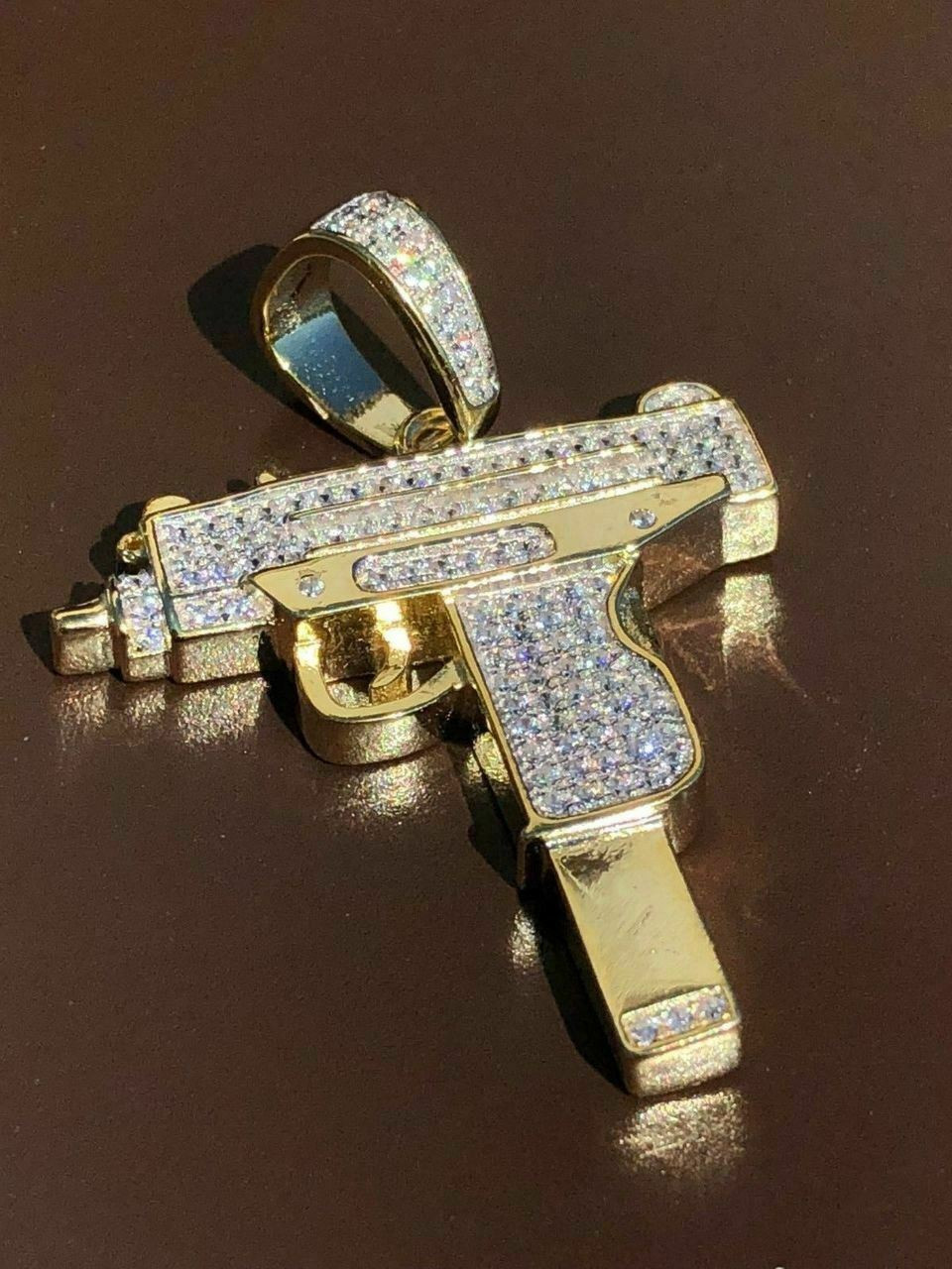 Men's Solid 925 Silver Uzi Gun Diamond Piece Icy Hip Hop Pendant W