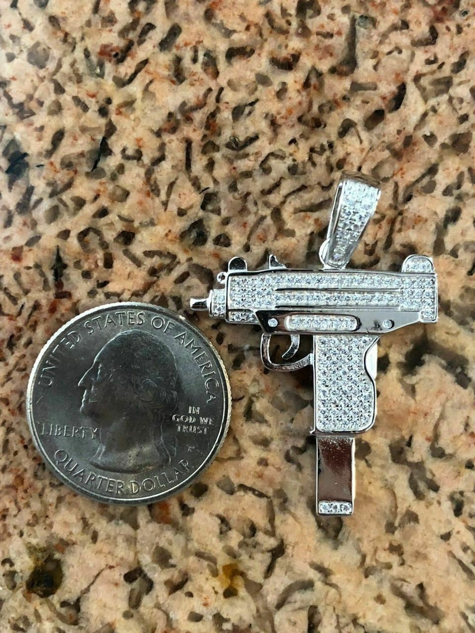 Men's Solid 925 Silver Uzi Gun Diamond Piece Icy Hip Hop Pendant W