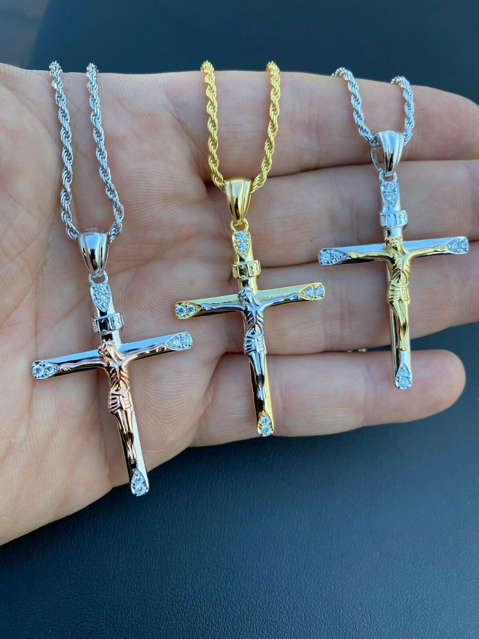 18K Gold Filled Jesus Cross Necklace CZ Stone Box Link Chain 20