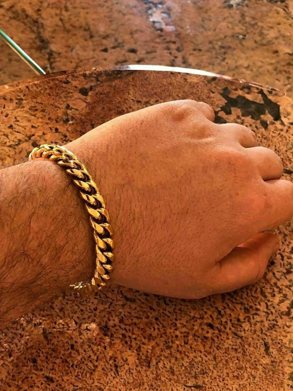 10mm Men s Miami Cuban Link Bracelet 14k Yellow Gold Over SS